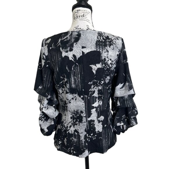 Alberto Makali Women's Size M Top Puff Ruffle Sleeve Black Gray Print - Picture 3 of 7